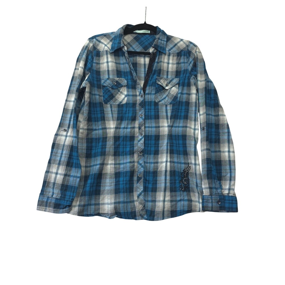 Maurices Blue White Plaid Button Down Shirt Studded Embroidered Roll Tab Large